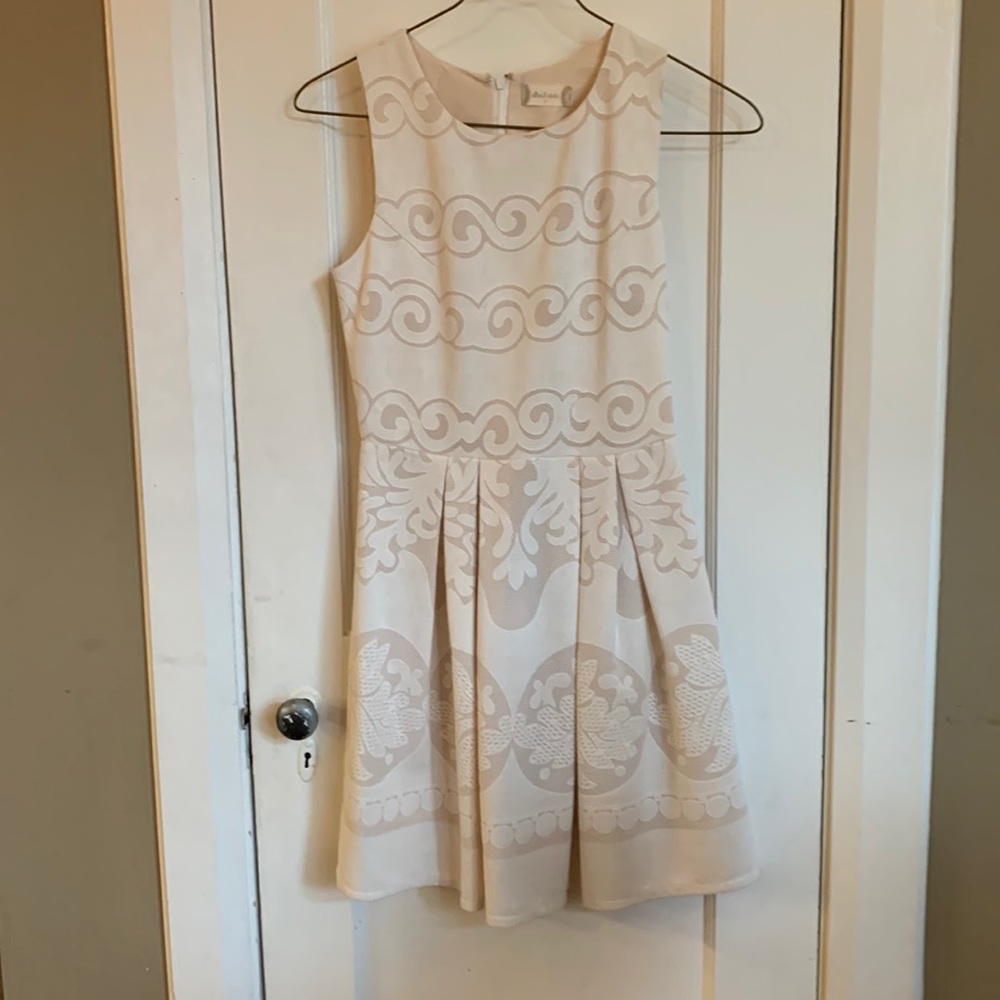 Polagram Altar’d State Jacquard Rosy Cream, Ivory Taupe Pleated Dress with Darts